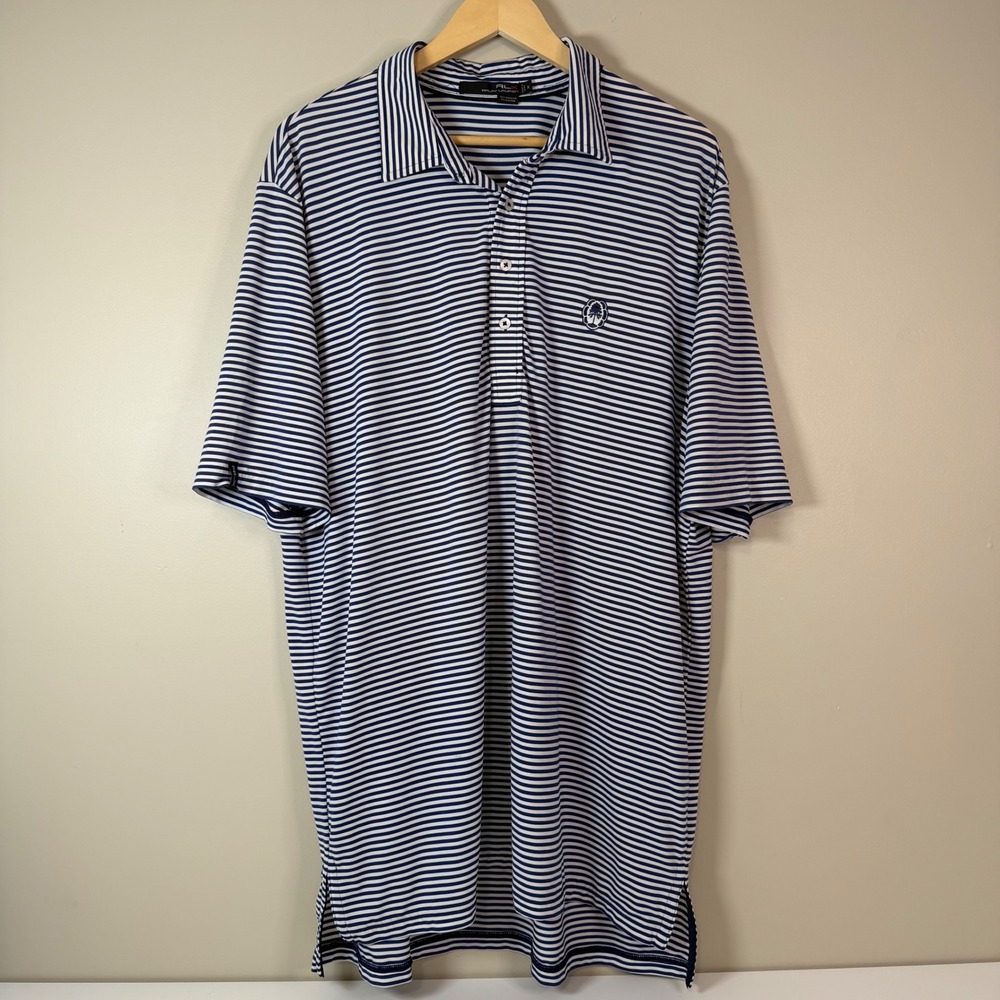 RLX Ralph Lauren Mens XL Navy‎ Striped Embroidered Golf Polo Shirt Active Preppy